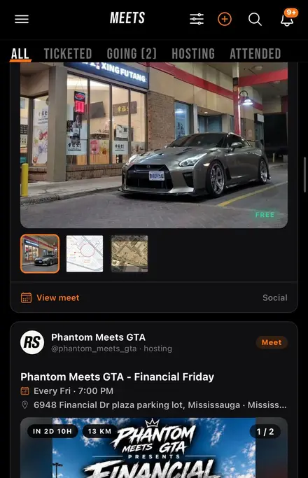 The RoaringShifts app's Meets feed